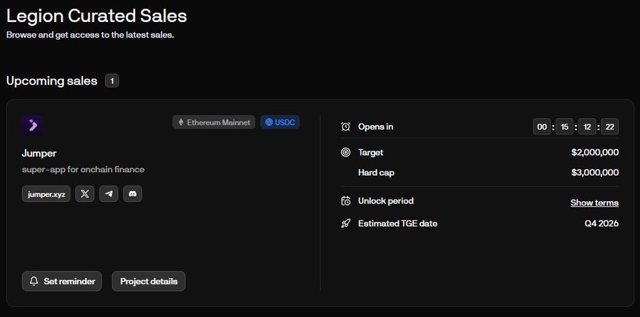 The image shows the Legion Curated Sales page featuring an upcoming Jumper (jumper.xyz) presale on the Ethereum Mainnet accepting USDC, with a $2,000,000 target/$3,000,000 hard cap, opening in 00:15:12:22, a Q4 2026 estimated TGE date, and an "Unlock period" terms link—aligning with the post's key details about Jumper's $2-3M raise cap and USDC-based participation.