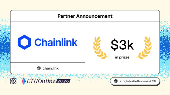 A 'Partner Announcement' graphic for 'ETHOnline 2026' highlights 'Chainlink' and '$3k in prizes' with a link to ethglobal.ai/ethonline2026.