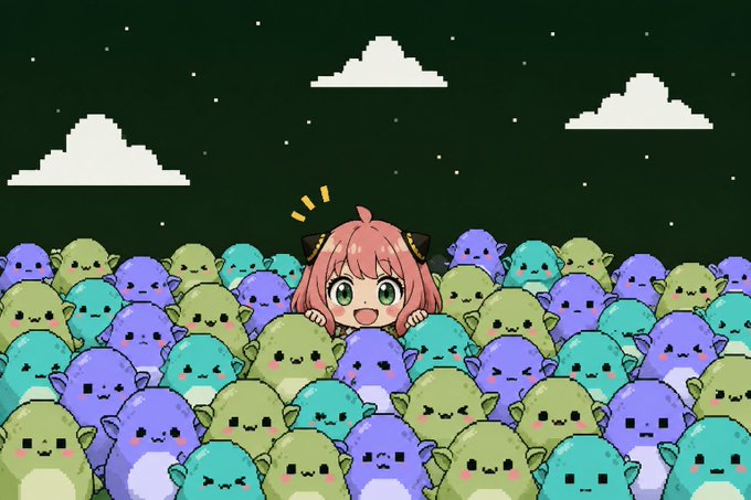 A pink-haired anime girl with cat ears peeks cheerfully from a sea of pixel art goblins in various pastel colors under a starry night sky, matching the tweet promoting Gaburin's "Adorable Pixel Goblins" NFT collection on Ethereum.