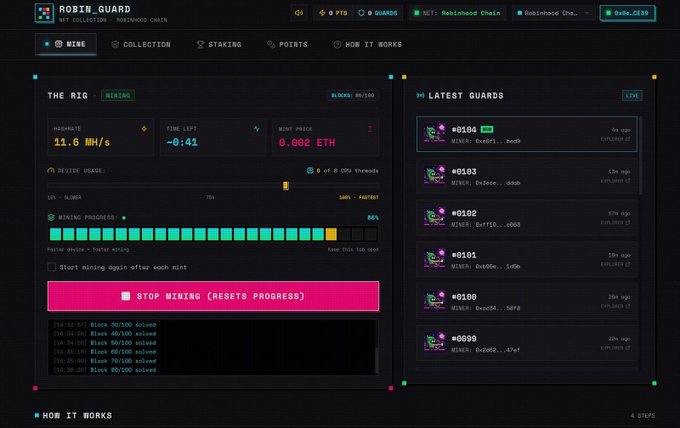Dashboard interface for 'ROBIN_GUARD' showing mining stats including a hash rate of 11.6 MH/s, mining progress, and a list of the latest minted guards with IDs like #0104 and #0103.