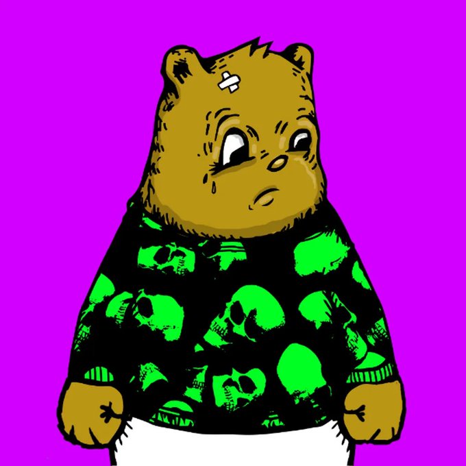 A stylized, cartoonish illustration of a brown bear-like character with a bandage on its forehead, wearing a black and green sweater patterned with skulls, set against a solid magenta background.