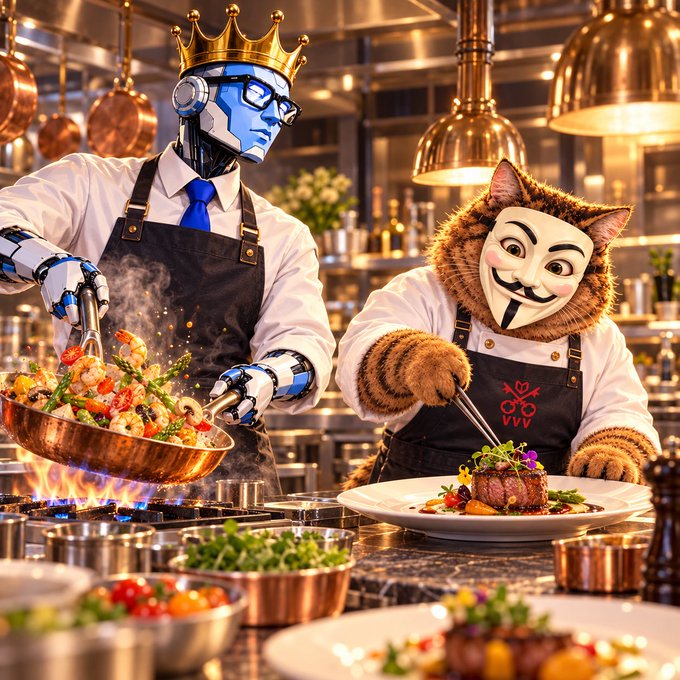 An AI-generated image shows two chefs in a professional kitchen: one is a blue robot wearing a crown and glasses cooking with a pan, while the other is a furry creature wearing a Guy Fawkes mask plating a steak dish.