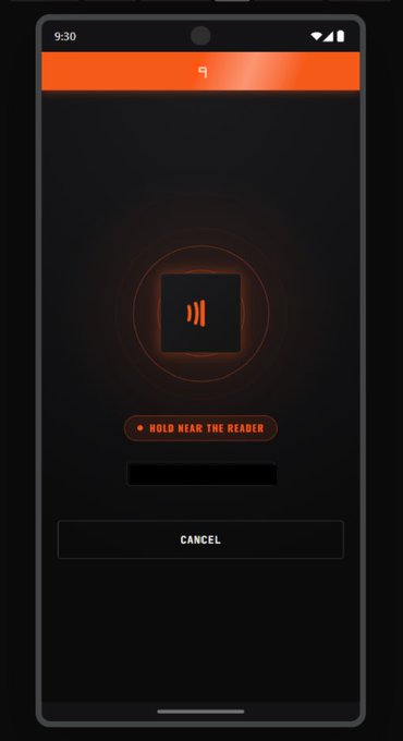 A mobile app screen displaying a card icon with the instruction 'HOLD NEAR THE READER' and a 'CANCEL' button on a dark background.