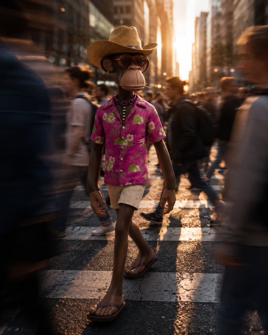 A 3D-rendered monkey character wearing a straw cowboy hat, sunglasses, and a pink floral Hawaiian shirt walks across a crosswalk in a bustling city.