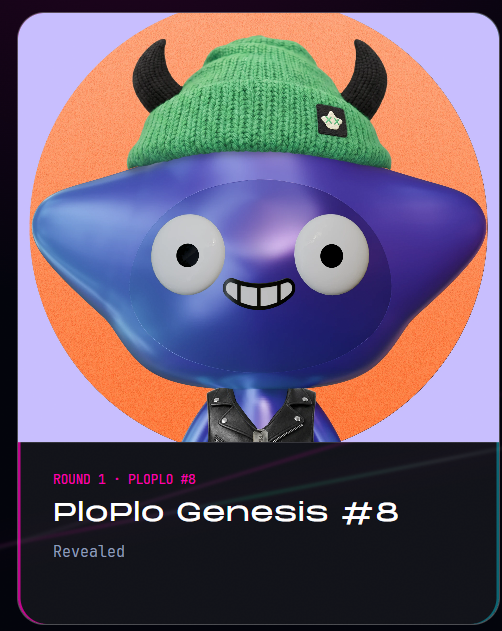 A digital character card titled 'PloPlo Genesis #8 - Revealed' featuring a purple star-shaped creature wearing a green knit beanie and leather jacket against an orange background.