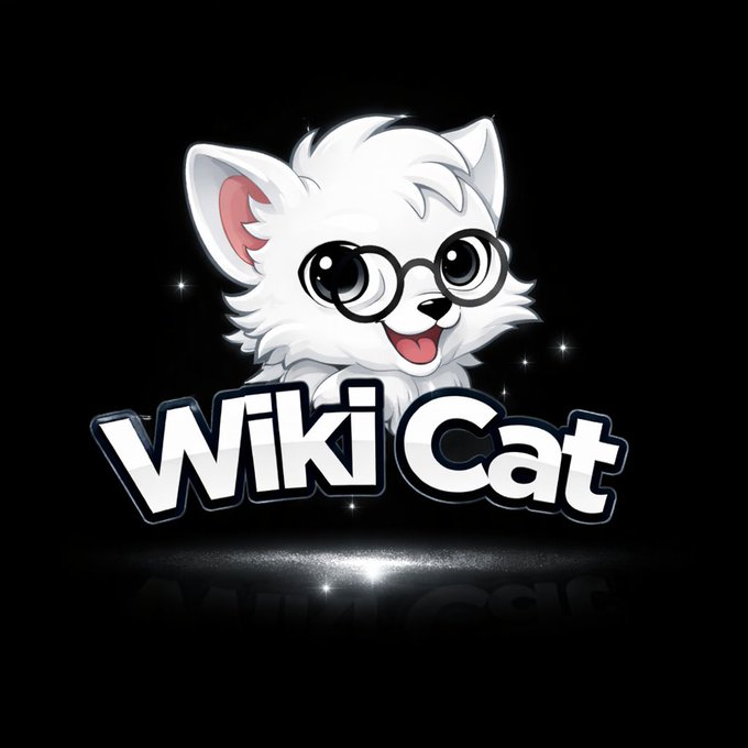 A cartoon mascot logo of a cute white cat wearing round glasses with the text 'Wiki Cat' below it on a black background.