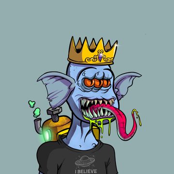 An illustration of a blue monster character wearing a gold crown, smoking a hookah, and wearing a black shirt that says 'I BELIEVE', with green smoke around it.