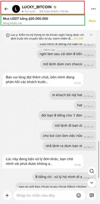 A Telegram chat with user 'LUCKY_BITCOIN' (marked as Trục lợi, scamming) selling USDT at 20,000,000 đ, showing a Vietnamese conversation about loan orders and customer apologies.