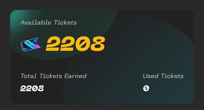 A dark-themed digital dashboard showing 'Available Tickets 2208', 'Total Tickets Earned 2208', and 'Used Tickets 0' alongside a colorful ticket icon.