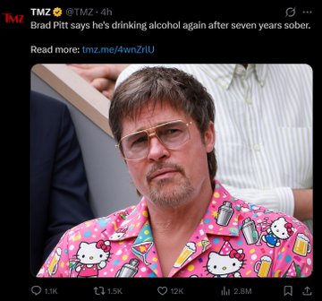 A TMZ tweet from 4 hours ago reports that Brad Pitt is drinking alcohol again after seven years sober, featuring a photo of Pitt wearing sunglasses and a pink Hello Kitty patterned shirt, which cleverly ties into the post's joke about him celebrating the $KITTY cryptocurrency chart.