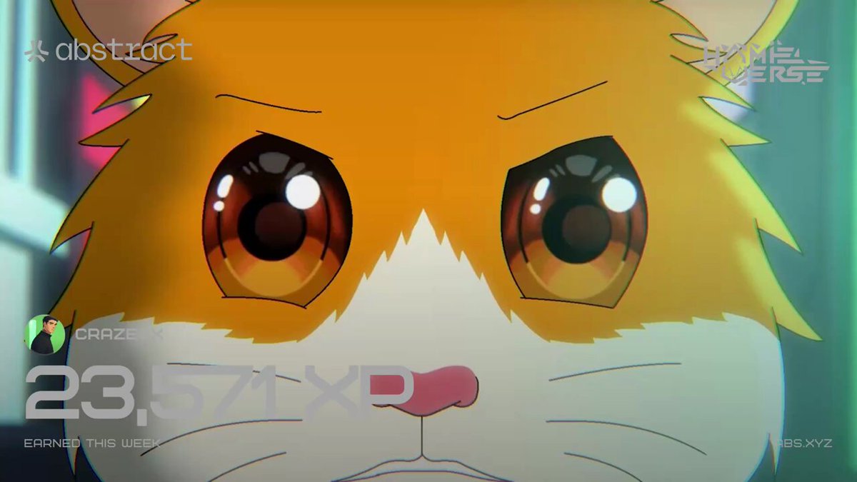 The image features a cartoon cat's face, which appears to be angry or upset. The cat has an orange color for its eyes and white fur, giving it a unique appearance. The background of the image is blurred, making it difficult to determine if there are any other objects in the scene. The caption below the image reads "23,571 XP @ Abstract Chain This week I stayed away from the computer as much as possible while rebooting and recharging. Now it'S time to get back into the rhythm with @hamieverse XP card."