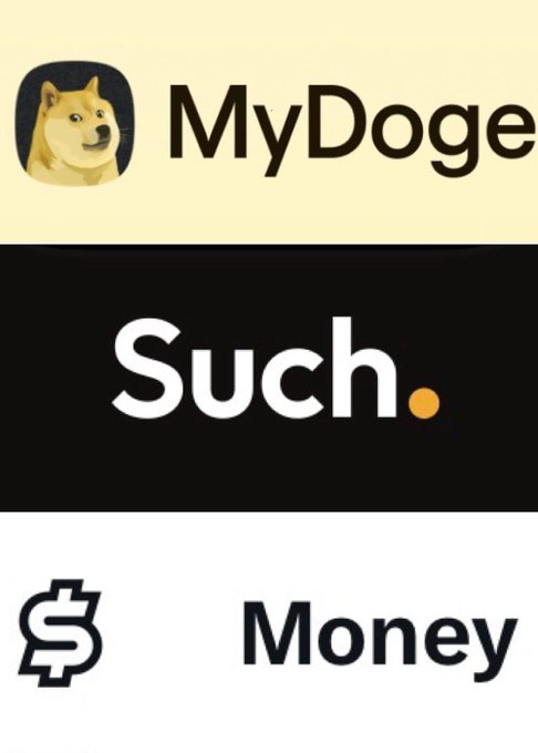 The image features three logos, each representing a different aspect of the MyDOGE cryptocurrency. The first logo displays a yellow dog with a black nose and eyes, accompanied by the text "MyDOGE" written above its head. The second logo is a black and white graphic design featuring an orange dot in the center, surrounded by dollar signs. The third logo is a simple white background with the words "Such" written below it.