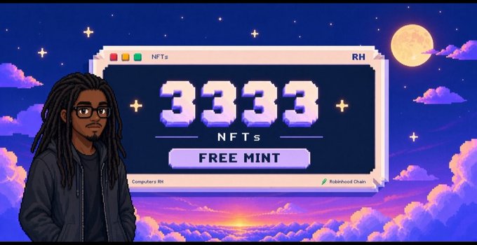 A pixel art graphic features a character with dreadlocks next to a window reading '3333 NFTs FREE MINT' on a purple, cloud-filled background.
