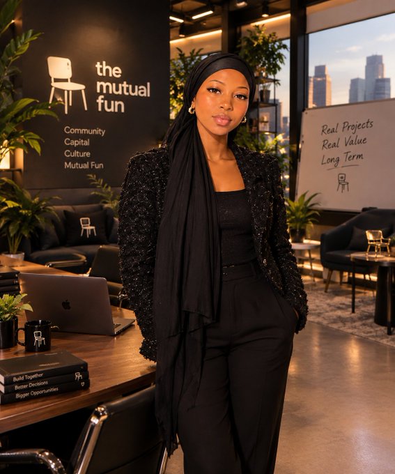 A stylishly dressed woman in black wearing a head wrap and textured jacket standing in a modern office space branded 'the mutual fun' with a whiteboard showing 'Real Projects, Real Value, Long Term' and books titled 'Build Together,' 'Better Decisions,' and 'Bigger Opportunities.'