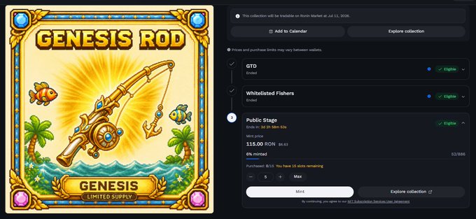 An NFT minting page for 'Genesis Rod' collection priced at 115.00 IRON with public sale details and eligible wallet lists (GTD and Whitelisted Fishers).