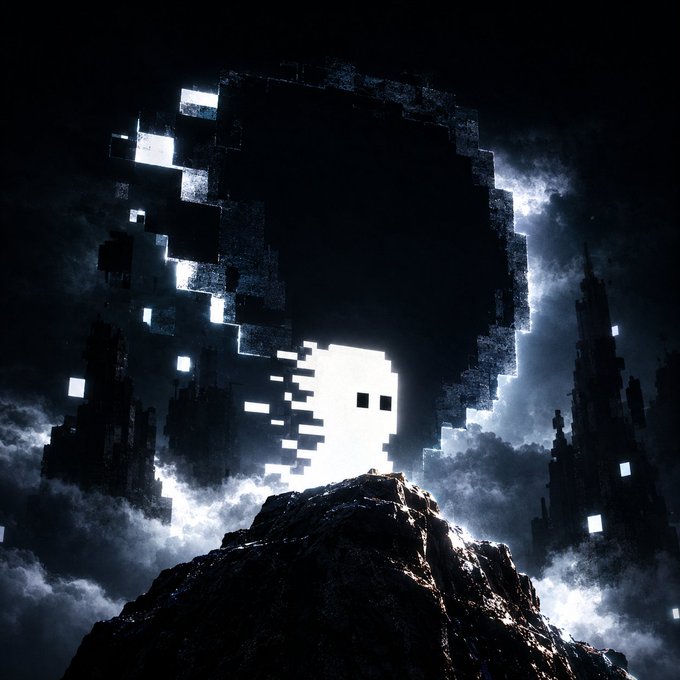 A dark, atmospheric digital artwork showing a glowing pixelated/voxel skull-like shape emerging from clouds above a rocky peak, with pixelated city structures visible in the background, evoking a haunting Minecraft-style aesthetic.