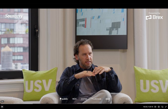 The image shows a man seated on a white couch flanked by two green pillows bearing the "USV" (Union Square Ventures) logo, likely a still from a podcast or interview given the "Presented by Brex" branding and partner logos (Public, vcv, zone, Turing, delphi) at the bottom. The accompanying post references QQL and mentions artists Tyler Hobbs and Emily Xie, suggesting the discussion may relate to generative art or cryptoart, aligning with the tech/VC context of the setting.