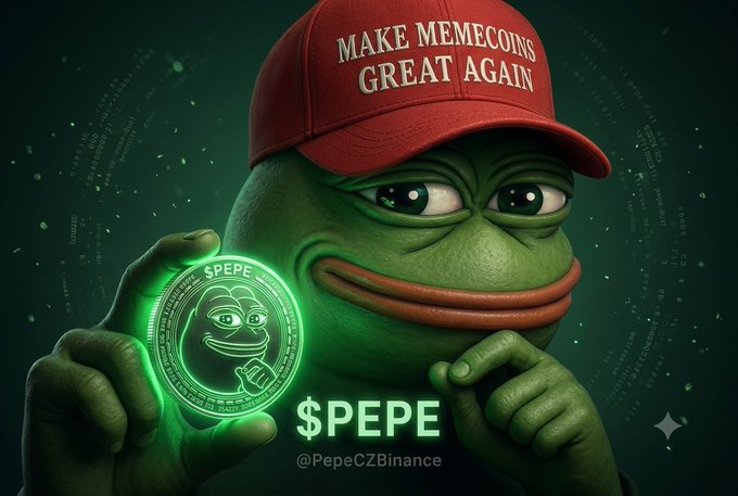 A Pepe the Frog meme illustration wearing a "MAKE MEMECOINS GREAT AGAIN" red hat and holding a glowing $PEPE coin, labeled "@PepeCZBinance".