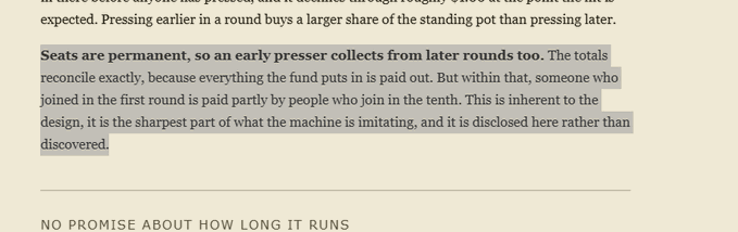 The image shows a highlighted text passage explaining how "Button" presser seating works—permanent seats mean earlier pressers collect from later rounds too, with totals reconciling exactly since everything paid in is paid out, though first-round participants are partly paid by tenth-round joiners.

This relates to the post's claim that the Button mechanism resembles a Ponzi scheme, as the highlighted text essentially acknowledges the core structure critics point to: early participants profit from those who join later.