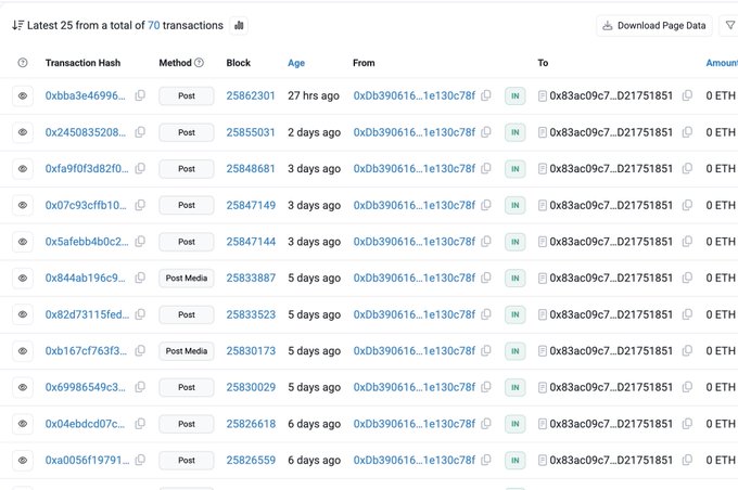 A blockchain transaction history page showing 25 recent ETH transactions moving from a single address to 0x83ac09c7...D21751851 with 0 ETH amounts.