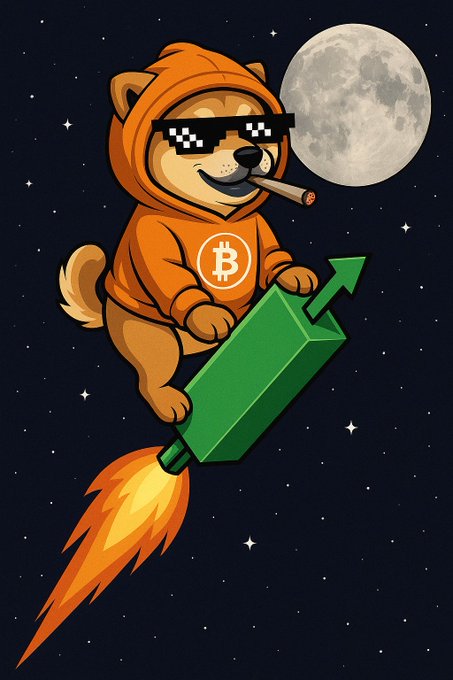 A cartoon illustration of a dog wearing pixelated sunglasses and an orange Bitcoin hoodie, riding a green rocket ship toward the moon against a starry night sky, referencing Bitcoin's price surge.