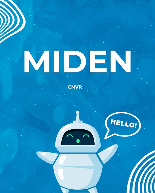 Blue graphic with the text 'MIDEN CNVR' above a smiling white robot character saying 'HELLO!' in a speech bubble.