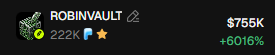 A digital asset listing for 'ROBINVAULT' showing a price of $755K with a +6016% change.