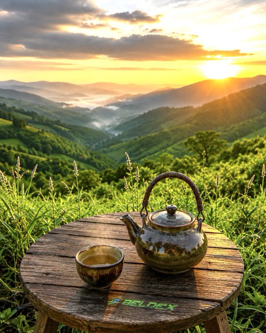 A ceramic teapot and matching cup rest on a wooden table overlooking a misty, green mountain valley at sunrise, with 'BELDEX' watermarked on the table.