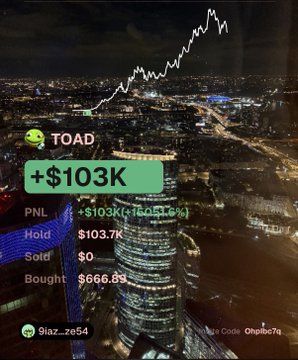 A trading app screenshot showing a PNL chart for 'TOAD' with a gain of +$103K (+15831.46%), held from a bought price of $666.89.
