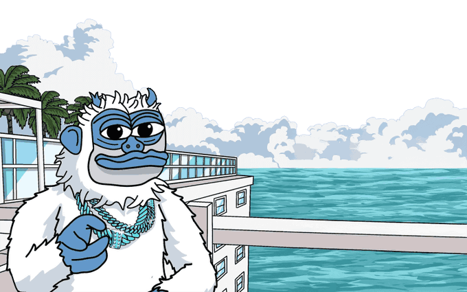 Cartoon illustration of a white furry yeti/BAPE-style character with blue face, horns, and a turquoise chain necklace, standing by a balcony overlooking the ocean with a building and palm trees in the background.
