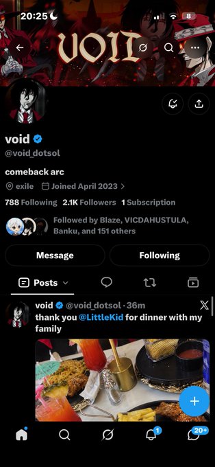 A Twitter/X profile for 'void' (@void_dotsol) with anime-style graphics, showing 2.1K followers, 788 Following, and a recent post thanking @LittleKid for dinner.