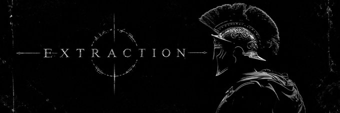 A dark promotional banner for the game 'Extraction,' featuring a Spartan helmet silhouette and the title logo.