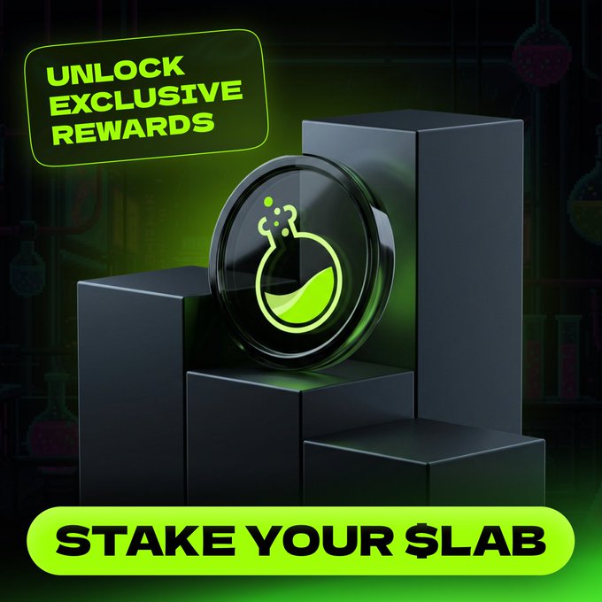 The image shows a dark, stylized promotional graphic featuring a circular token/coin icon with a green lab flask design, displayed on black geometric pedestals. Bold green text reads "UNLOCK EXCLUSIVE REWARDS" in the top-left and "STAKE YOUR $LAB" in a banner at the bottom. It visually reinforces the post's message about staking $LAB tokens to access exclusive rewards and boost earnings through ecosystem participation.