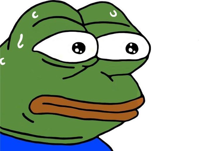 A cartoon frog character with a sweat drop, looking nervous or uncomfortable, commonly known as Pepe the Frog.