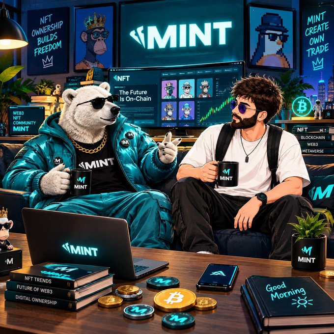 A man with a beard and sunglasses sits on a couch with an anthropomorphic polar bear wearing sunglasses and a teal jacket, surrounded by "MINT" branding, NFTs, cryptocurrency coins, and related merchandise in a tech-themed room.