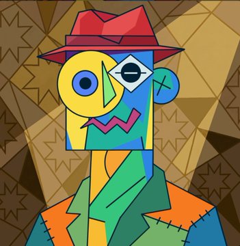 A colorful cubist-style portrait of a figure wearing a red hat, with geometric shapes and mismatched eyes against a star-patterned background.