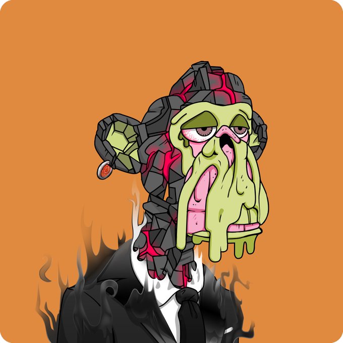 A cartoon illustration of a zombie-like figure wearing a suit with a cracked, rocky head revealing red magma and a green, drooping face on an orange background.