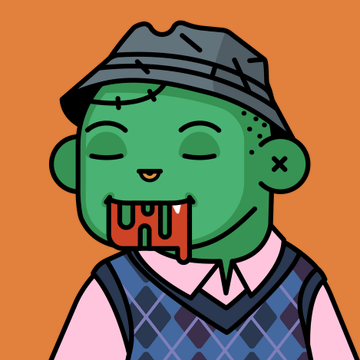 A cartoonish illustration of a green-skinned zombie character wearing a dark beanie and argyle sweater vest, with blood dripping from its mouth against an orange background.