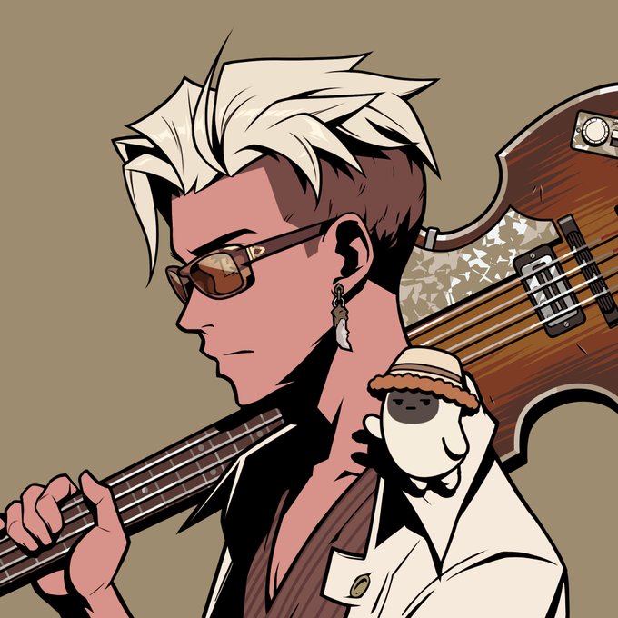 A stylized anime-style illustration shows a side profile of a white-haired character wearing sunglasses and a feather earring, carrying a worn bass guitar with a small sheep-like plush toy in a straw hat perched on their shoulder. The rugged rockstar aesthetic aligns with the "GM @Azuki" post, fitting Azuki's cool, music-inspired character persona from the anime-themed NFT collection.