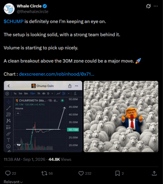 A Twitter post from Whale Circle (@thewhalecircle) discusses $CHUMP token's potential breakout above the 30M zone, featuring a price chart on dexscreener and an image of a doge character among sheep.