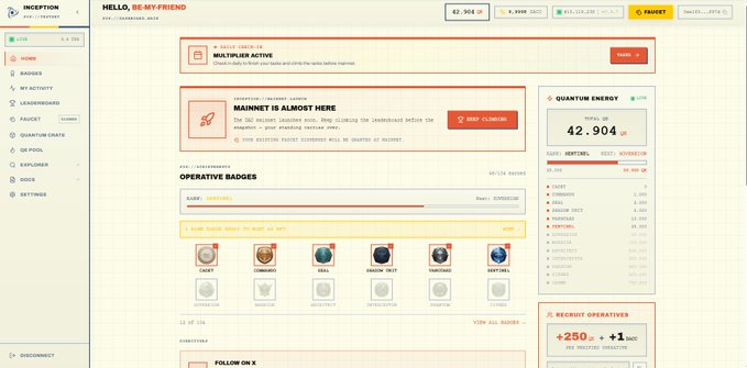 A screenshot of a dashboard interface titled "INCEPTION" with the greeting "HELLO, BE-MY-FRIEND," displaying wallet activity, operative badges, and quantum energy statistics.