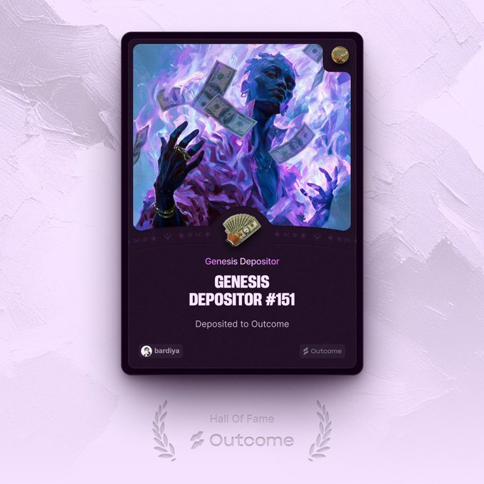 A digital 'Hall Of Fame' card from Outcome rewards 'bardiya' as 'GENESIS DEPOSITOR #151', featuring AI artwork of a person surrounded by purple flames and floating money.