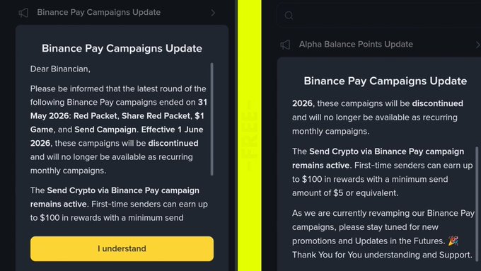 The image shows two posts on a social media platform, both related to Binance Pay Campaigns Update. The first post displays a yellow header with white text that reads "Binance Pay Campaigns Update" and provides information about the campaign's progress. The second post has a black header with white text that says "Binance Pay Campaigns Update" and includes details about the campaign, such as its status and the amount of money raised so far. Both posts are in English and provide updates on the Binance Pay Campaigns Update to their followers.