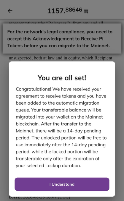 A mobile screenshot showing a "You are all set!" confirmation from Pi Network after signing the Acknowledgment to Receive Pi Tokens, with a 1157.88646 π balance displayed at the top, indicating the user has completed the second migration process as mentioned in the post.