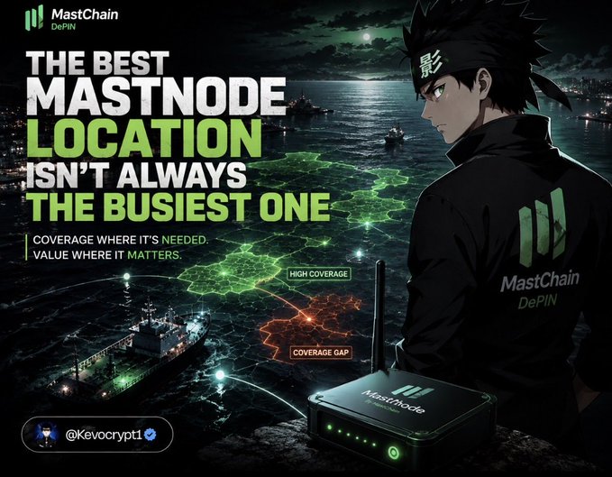 A promotional image for "MastChain DePIN" featuring an anime-style ninja character looking out over an ocean at night, with text reading "THE BEST MASTNODE LOCATION ISN'T ALWAYS THE BUSIEST ONE - COVERAGE WHERE IT'S NEEDED. VALUE WHERE IT MATTERS," showing a map with "HIGH COVERAGE" and "COVERAGE GAP" labels, and the handle "@Kevocrypt1."