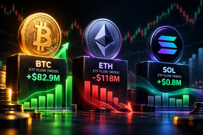 A crypto graphic displaying weekly ETF data for BTC (+$82.9M, positive green), ETH (-$118M, negative red), and SOL (+$0.8M, positive blue), each represented by their respective coin logos atop pedestals against a chart background.