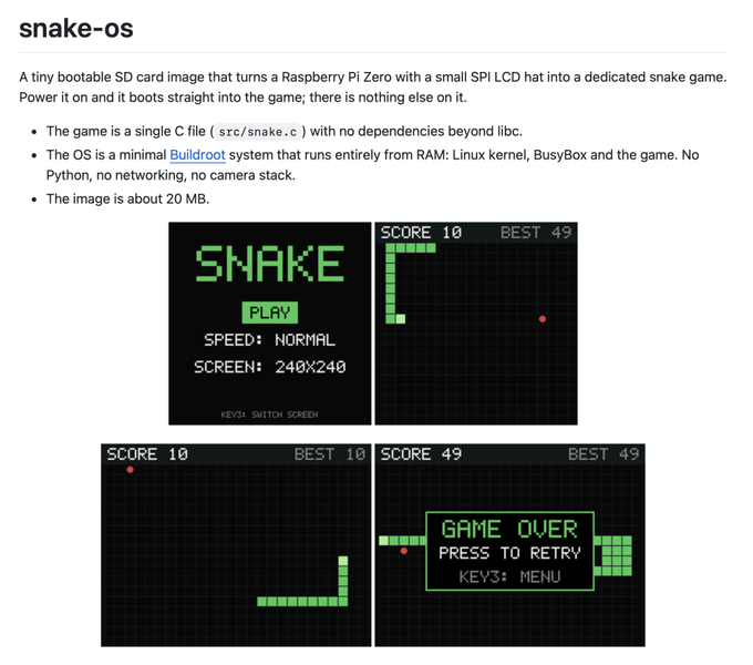 The image is a screenshot of the **snake-os** README page, which describes a tiny bootable SD card image that turns a Raspberry Pi Zero with a small SPI LCD hat into a dedicated Snake game. It states that the game is a single C file (`src/snake.c`) with no dependencies beyond libc, runs entirely from RAM using Linux, BusyBox, and the game with no Python, and produces an image of about **20 MB**. Four game screenshots are shown: a title screen reading “SNAKE,” “PLAY,” “Speed: NORMAL,” and “Screen: 240x240,” plus gameplay and “GAME OVER” screens displaying score and best values such as **10**, **49**, and **BEST 10**.