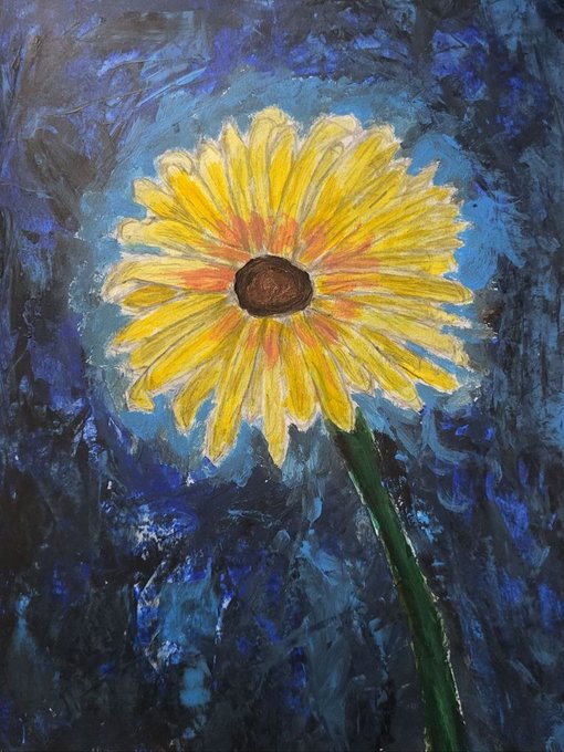 A painting of a vibrant yellow flower with a green stem against a textured dark blue background, appearing to be done with acrylic or oil paints.