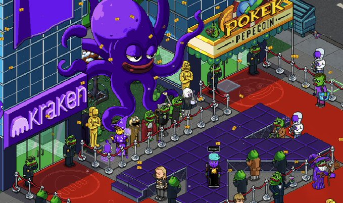 An isometric cartoon scene depicting a red carpet event with crypto-themed characters, including a large purple octopus, a Pepe mascot, and references to 'Kraken' and 'POKEK PEPE COIN'.