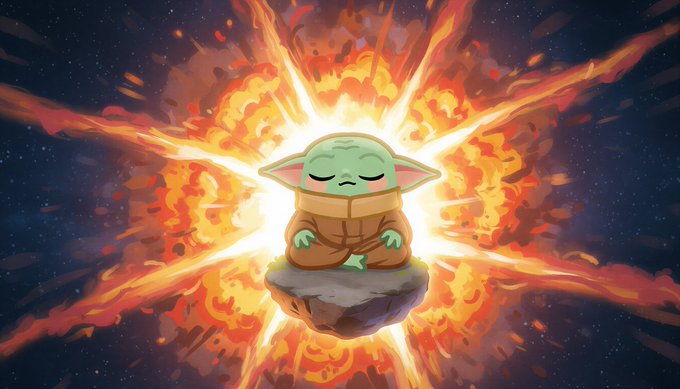An illustration of the character Grogu (Baby Yoda) sitting peacefully in a meditation pose atop a small rock, surrounded by a dramatic burst of orange flames against a starry night sky.
